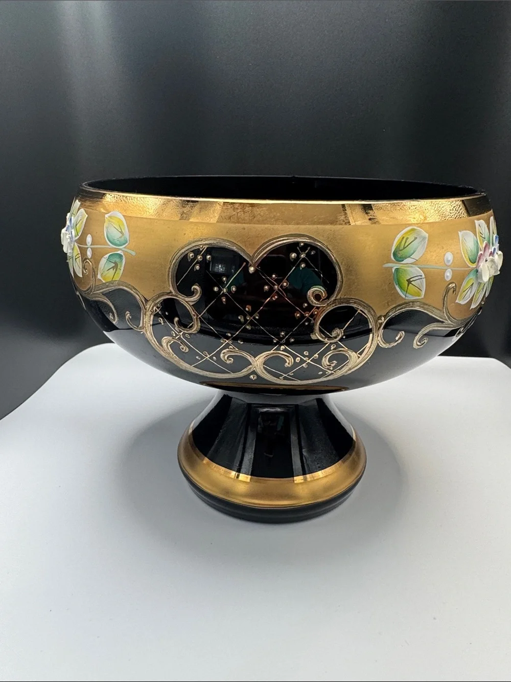 Hand-Painted Black and Gold Decorative Footed Bowl